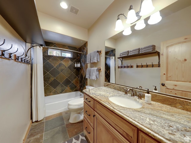 161 N Irish Trl, Brian Head, UT 84719 - bathroom with visible vents, shower / tub combo with curtain, toilet, stone tile flooring, and vanity