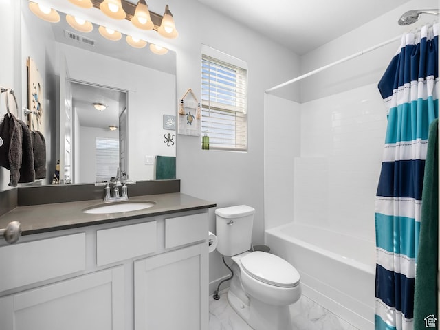 6119 N White Rock Rd, Eagle Mountain, UT 84005 - bathroom featuring visible vents, toilet, shower / tub combo, marble finish floor, and vanity