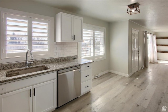 454 E 3100 N, North Ogden, UT 84414 - kitchen featuring white cabinetry, light wood-style flooring, a sink, decorative backsplash, and stainless steel dishwasher