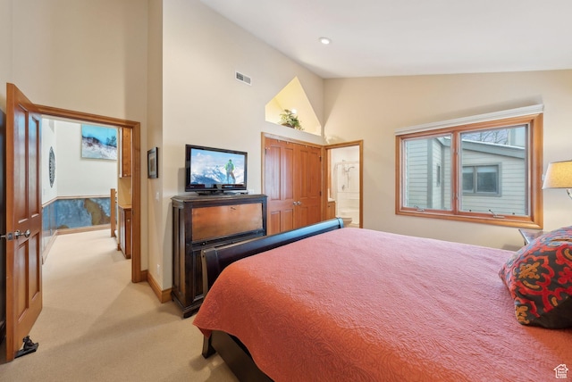bedroom featuring visible vents, light carpet, high vaulted ceiling, and baseboards