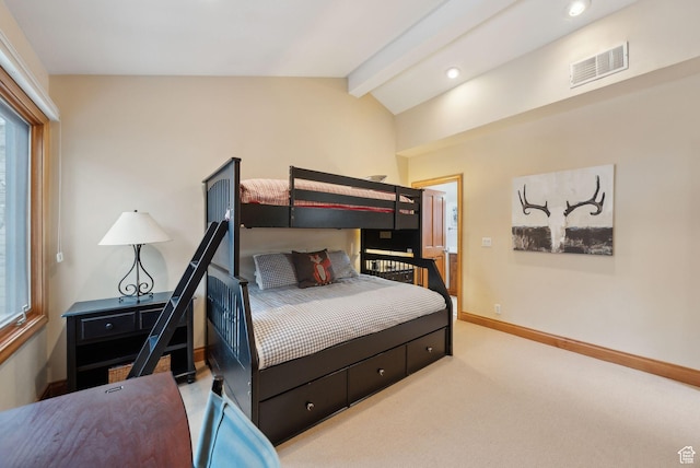 carpeted bedroom with lofted ceiling with beams, recessed lighting, baseboards, and visible vents