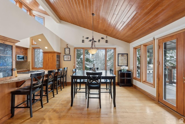 dining room featuring baseboards, light wood-style flooring, wood ceiling, and lofted ceiling