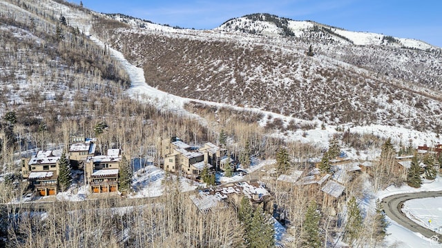 snowy aerial view featuring a mountain view