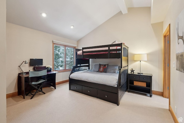 carpeted bedroom with vaulted ceiling with beams, recessed lighting, and baseboards