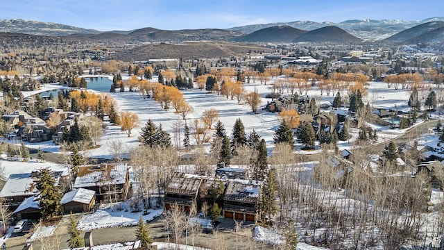 snowy aerial view featuring a mountain view