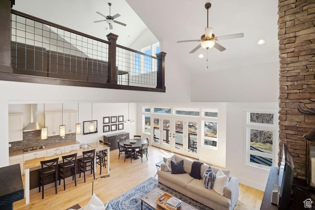 292 N Abajo Peak Way, Heber City, UT 84032 - living room featuring a ceiling fan, high vaulted ceiling, light wood-style flooring, and recessed lighting