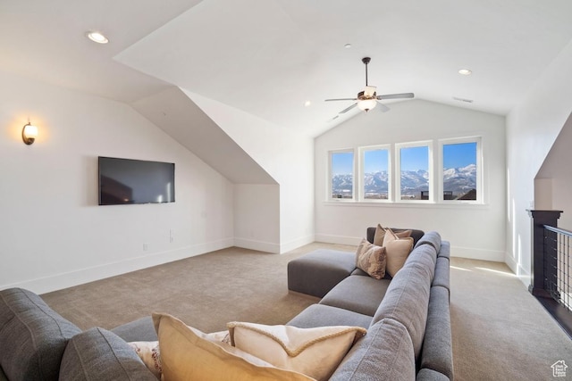 292 N Abajo Peak Way, Heber City, UT 84032 - carpeted living area with vaulted ceiling, ceiling fan, baseboards, and recessed lighting