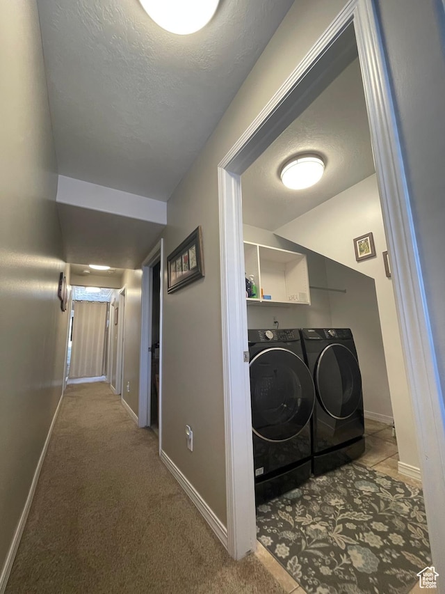 225 W Lyman Ln, Bountiful, UT 84010 - clothes washing area with washer and clothes dryer, a textured ceiling, baseboards, and carpet floors