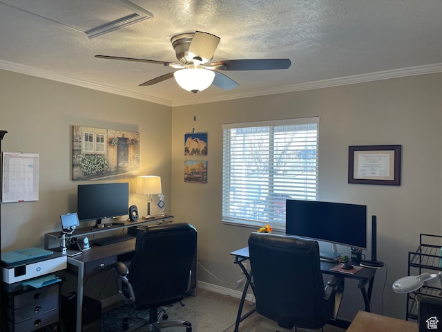 225 W Lyman Ln, Bountiful, UT 84010 - home office featuring baseboards, a textured ceiling, ceiling fan, and ornamental molding