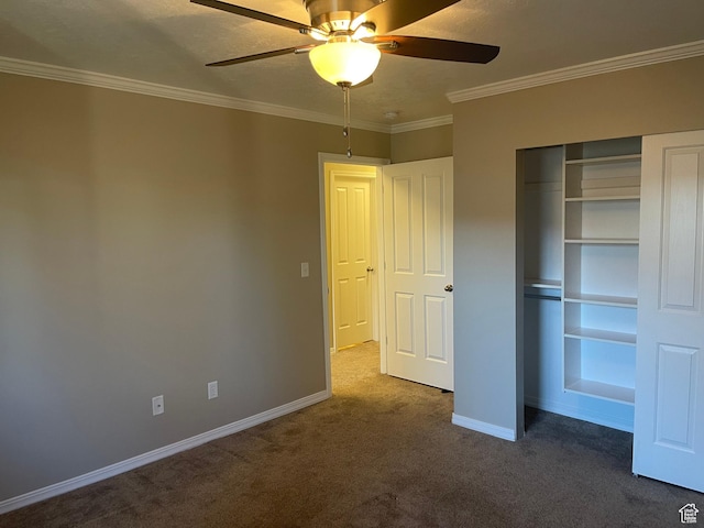 225 W Lyman Ln, Bountiful, UT 84010 - unfurnished bedroom with crown molding, ceiling fan, baseboards, a closet, and dark colored carpet