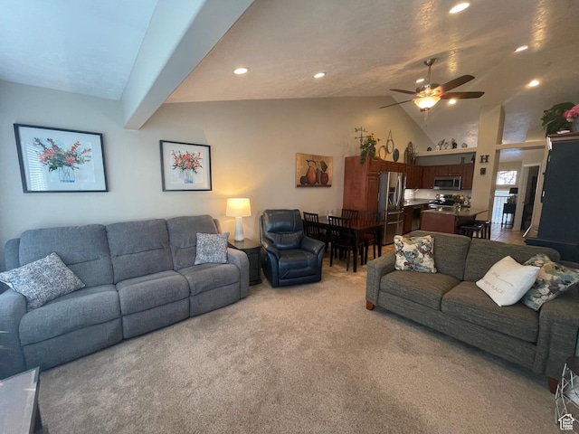 225 W Lyman Ln, Bountiful, UT 84010 - living area with recessed lighting, lofted ceiling, light colored carpet, and a ceiling fan