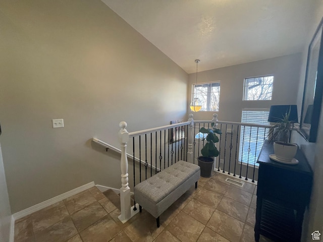 225 W Lyman Ln, Bountiful, UT 84010 - stairs featuring visible vents, baseboards, and vaulted ceiling