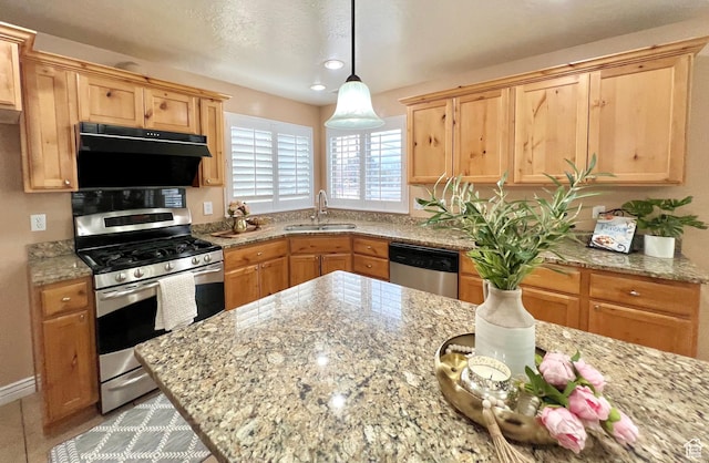 15 E 1100 S, Vernal, UT 84078 - kitchen featuring under cabinet range hood, appliances with stainless steel finishes, light stone counters, and a sink