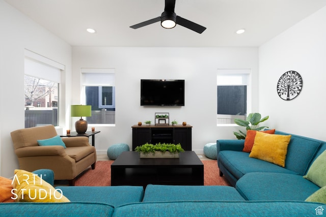 4672 W Tulip N, Cedar Hills, UT 84062 - living room featuring a ceiling fan and recessed lighting