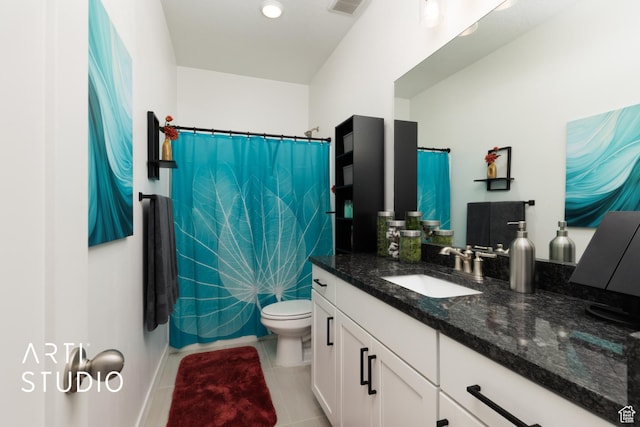 4672 W Tulip N, Cedar Hills, UT 84062 - full bathroom featuring vanity, a shower with shower curtain, visible vents, tile patterned floors, and toilet