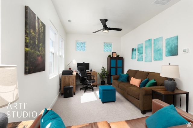 4672 W Tulip N, Cedar Hills, UT 84062 - living room featuring a ceiling fan, visible vents, and baseboards