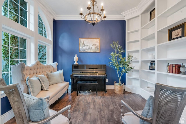 2382 S Spanish Oaks Dr, Spanish Fork, UT 84660 - living area with built in shelves, wood finished floors, baseboards, a chandelier, and ornamental molding