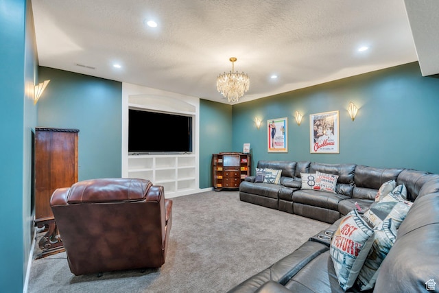 2382 S Spanish Oaks Dr, Spanish Fork, UT 84660 - carpeted living room featuring an inviting chandelier, recessed lighting, a textured ceiling, and visible vents