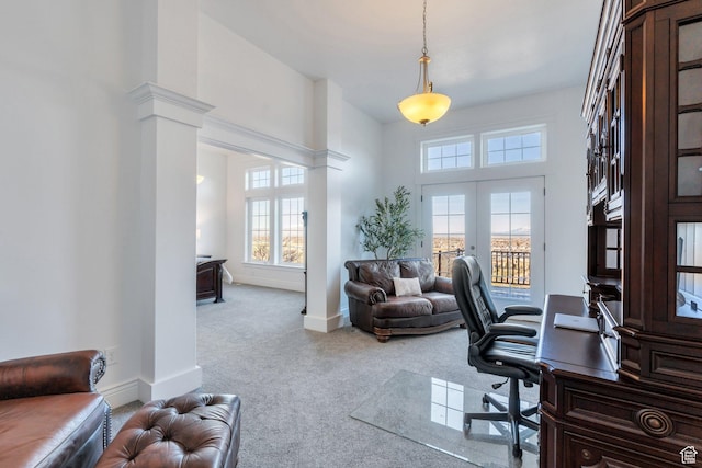 2382 S Spanish Oaks Dr, Spanish Fork, UT 84660 - carpeted home office featuring baseboards, a high ceiling, plenty of natural light, and french doors