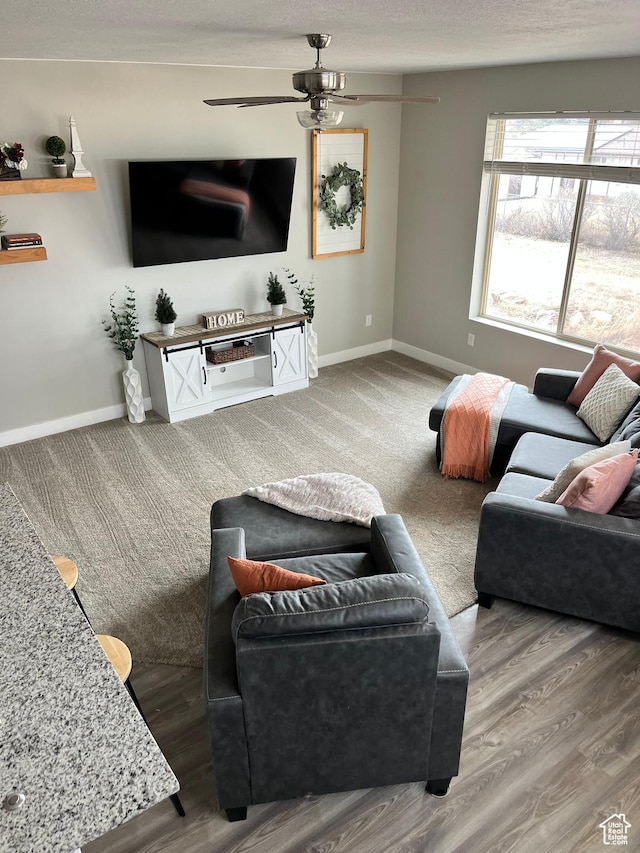 1036 S Fir St, Cedar City, UT 84720 - living area featuring a textured ceiling, a ceiling fan, baseboards, and wood finished floors