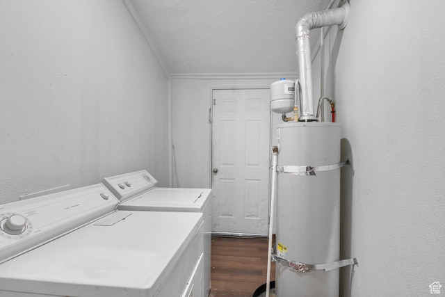 739 24th St, Ogden, UT 84401 - laundry area with washing machine and clothes dryer, laundry area, secured water heater, and dark wood-style floors