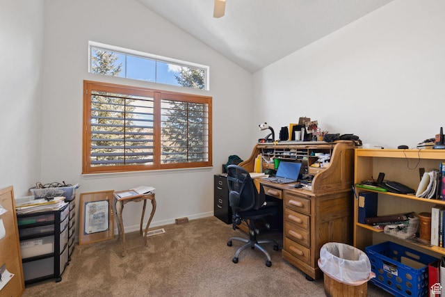 7494 Brook Hollow Loop Rd, Park City, UT 84098 - home office with baseboards, lofted ceiling, a ceiling fan, and carpet flooring