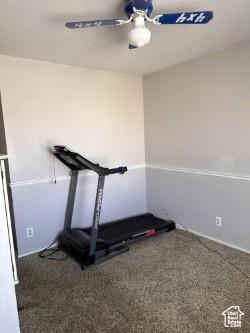 workout room with carpet and ceiling fan