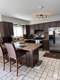 kitchen featuring under cabinet range hood, dark brown cabinets, a peninsula, and stainless steel appliances