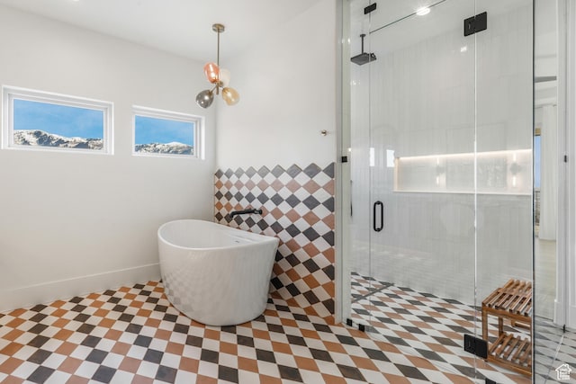 bathroom with a soaking tub and a stall shower