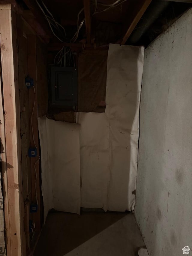 unfinished basement featuring electric panel