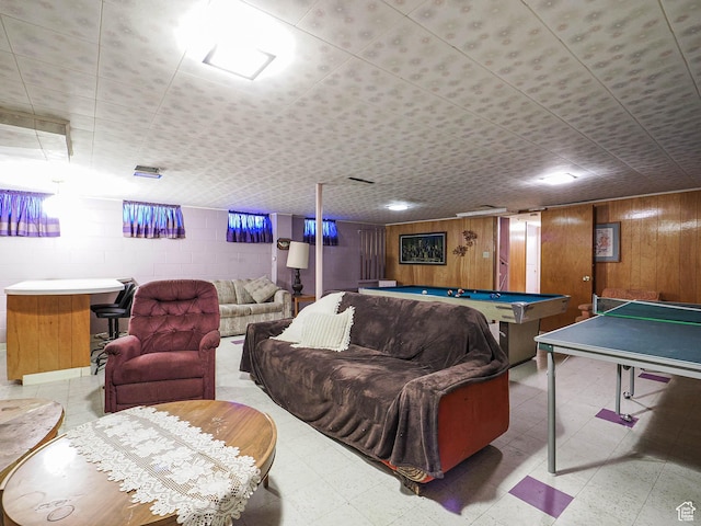 1325 E Milne Ln S, Cottonwood Heights, UT 84047 - rec room with billiards, light floors, wood walls, and concrete block wall