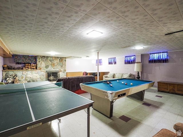 1325 E Milne Ln S, Cottonwood Heights, UT 84047 - recreation room featuring tile patterned floors, a fireplace, concrete block wall, and billiards