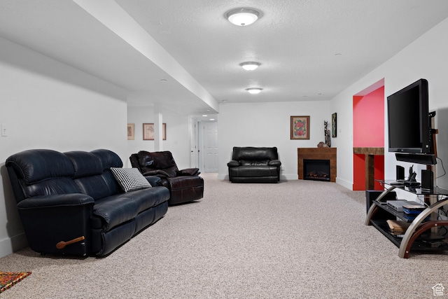 1762 S Hobblecreek Haven Rd, Springville, UT 84663 - living room with carpet flooring, a textured ceiling, and a fireplace
