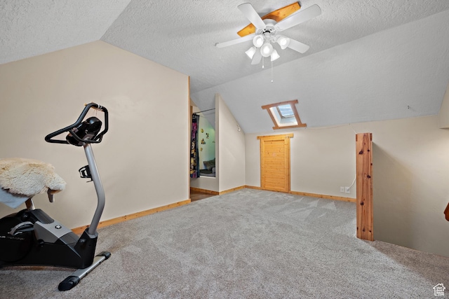 1762 S Hobblecreek Haven Rd, Springville, UT 84663 - workout room with lofted ceiling, a textured ceiling, carpet floors, and ceiling fan