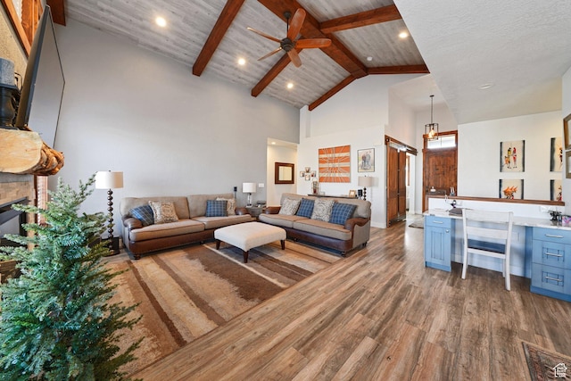 13862 S 7300 W, Herriman, UT 84096 - living area featuring high vaulted ceiling, wood finished floors, a ceiling fan, beamed ceiling, and recessed lighting