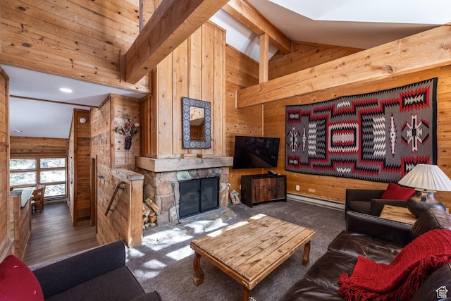 8840 N The Unit 37, Sundance, UT 84604 - living area featuring beam ceiling, wood walls, a fireplace, and high vaulted ceiling