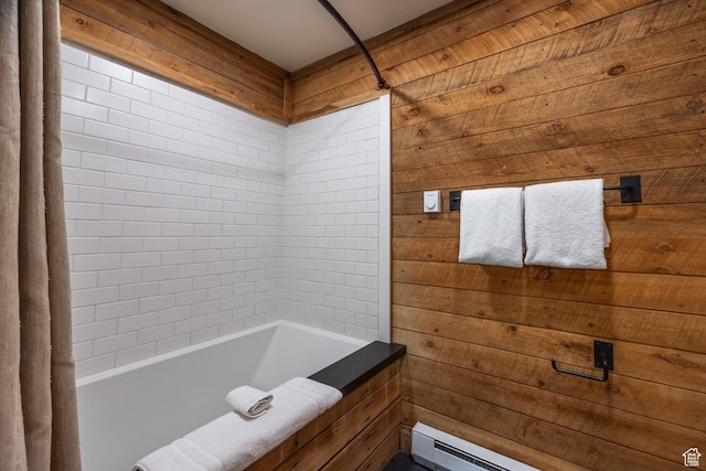 8840 N The Unit 37, Sundance, UT 84604 - bathroom with baseboard heating,  shower combination, and wooden walls