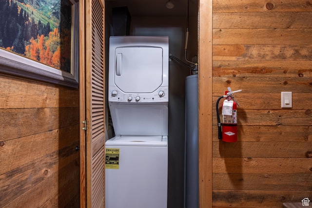 8840 N The Unit 37, Sundance, UT 84604 - laundry area with laundry area, stacked washer and dryer, and wood walls