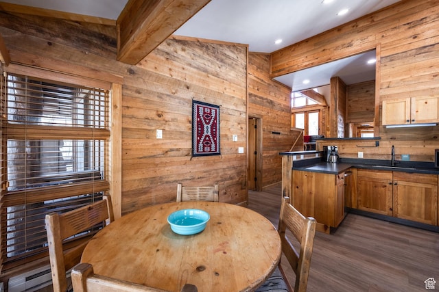 8840 N The Unit 37, Sundance, UT 84604 - dining room featuring a baseboard heating unit, wooden walls, recessed lighting, and wood finished floors
