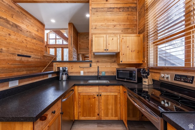 8840 N The Unit 37, Sundance, UT 84604 - kitchen with a sink, dark countertops, wooden walls, and stainless steel appliances