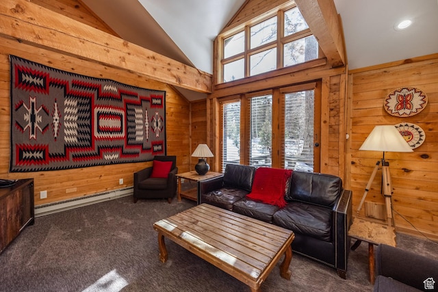 8840 N The Unit 37, Sundance, UT 84604 - carpeted living area with a baseboard heating unit, lofted ceiling, and wood walls