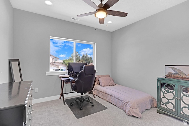 bedroom featuring recessed lighting, baseboards, visible vents, and light carpet