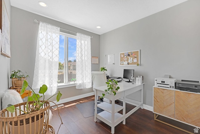 office space with dark wood finished floors, recessed lighting, and baseboards