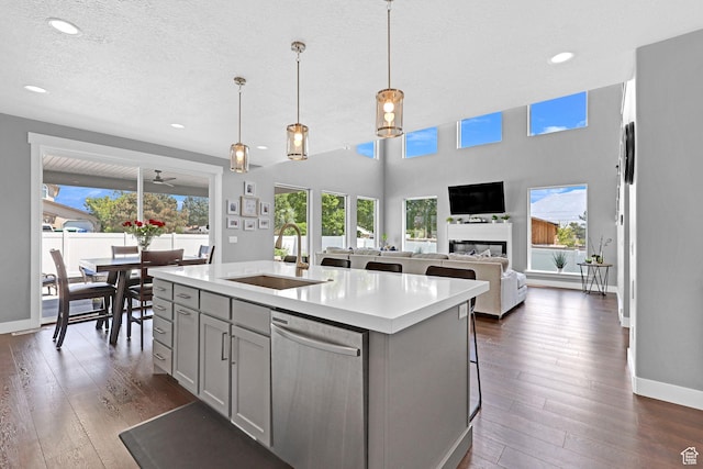 kitchen featuring a wealth of natural light, a sink, gray cabinetry, and stainless steel dishwasher