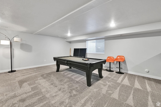 recreation room featuring baseboards, billiards, and carpet