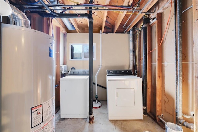 laundry room featuring washer and clothes dryer, water heater, and laundry area