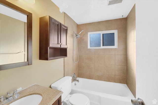 full bathroom featuring vanity, toilet, bathtub / shower combination, and visible vents
