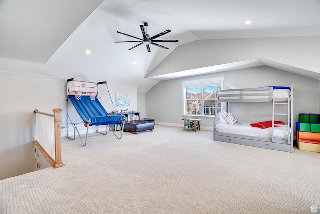 bedroom with recessed lighting, carpet floors, baseboards, and lofted ceiling