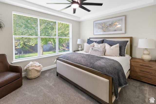 carpeted bedroom with baseboards, ceiling fan, and a raised ceiling
