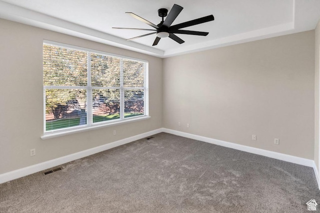 spare room featuring ceiling fan, carpet flooring, baseboards, and a raised ceiling